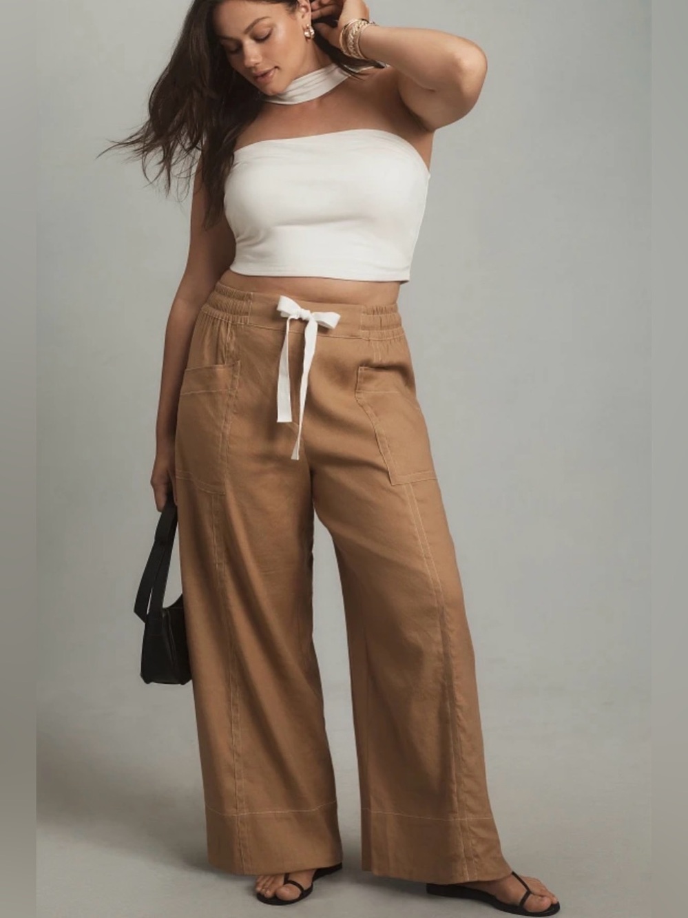 Maeve Drawstring Linen Blend Pull On Waist Tie Wide Leg Pants 2X
